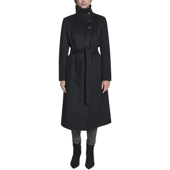 Cole Haan Womens  High Neck Slick Wool-Blend Belted Coat, Black - Picture 1 of 4